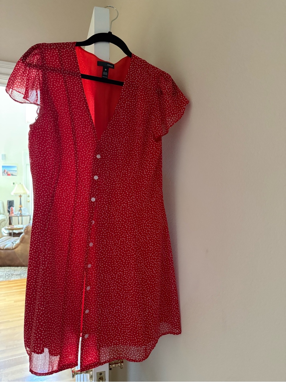 Aqua Red White Polka Dot V-Neck Button Front summer dress